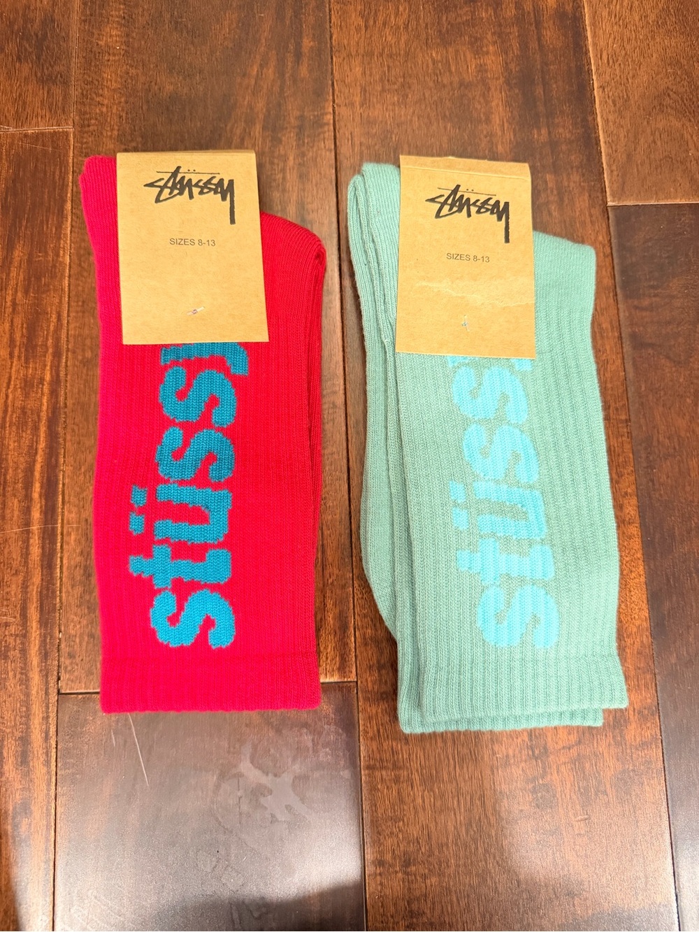 Stussy Logo Crew Socks - Red and Mint (2 Pairs)